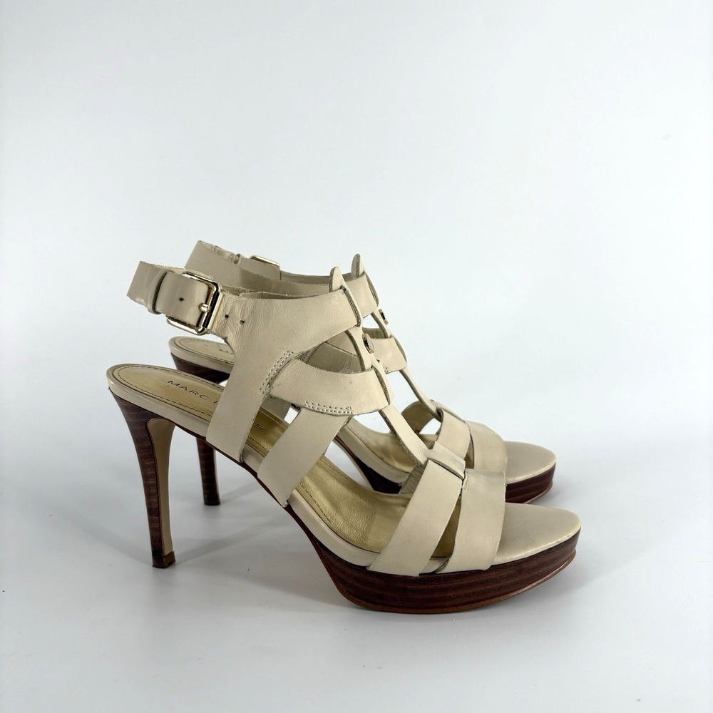 Marc Fisher Leather Caged Strappy Sandals 6 Natural Bone Beige - Picture 3 of 7